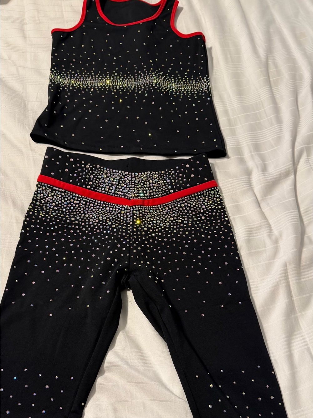 Cheerleading 3pcs Black Rhinestone Workout Set with Red Trim
